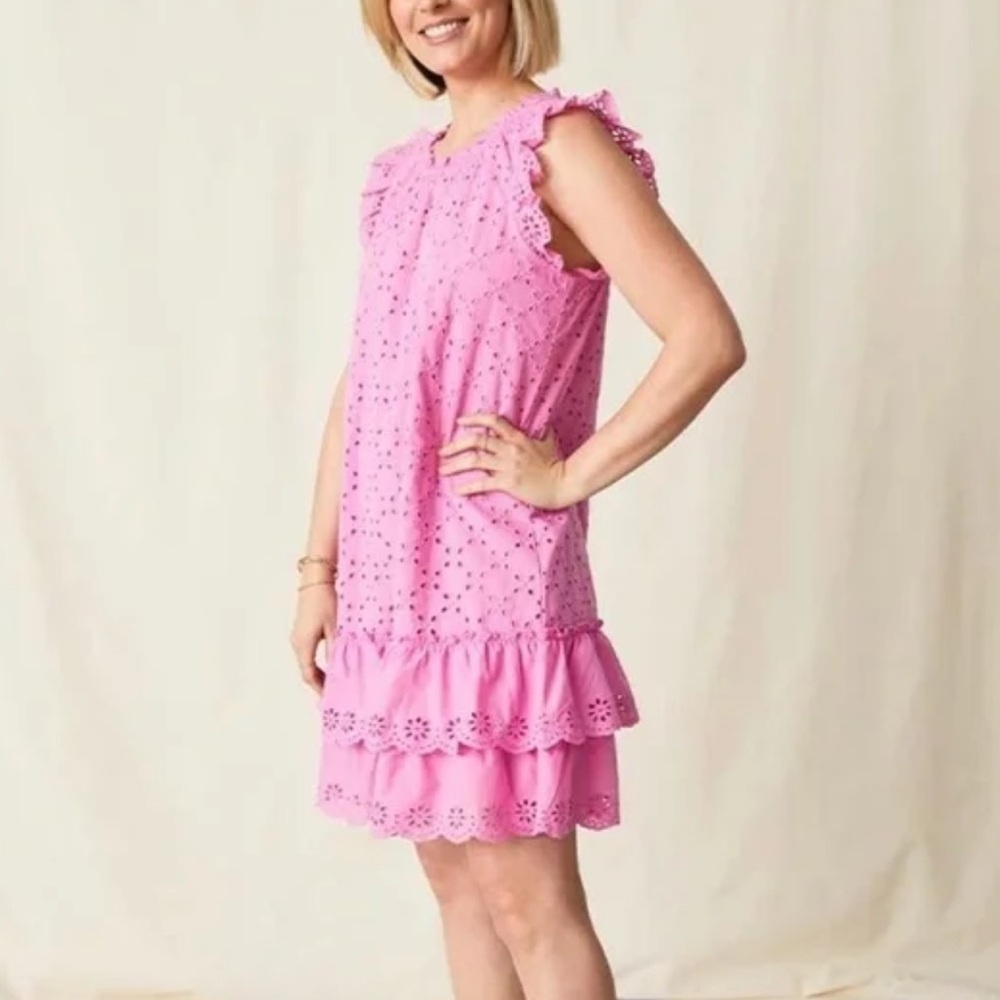 Matilda Jane Purple Pink Eyelet Shift Into Spring Dress Ruffle Sleeve Size Small
